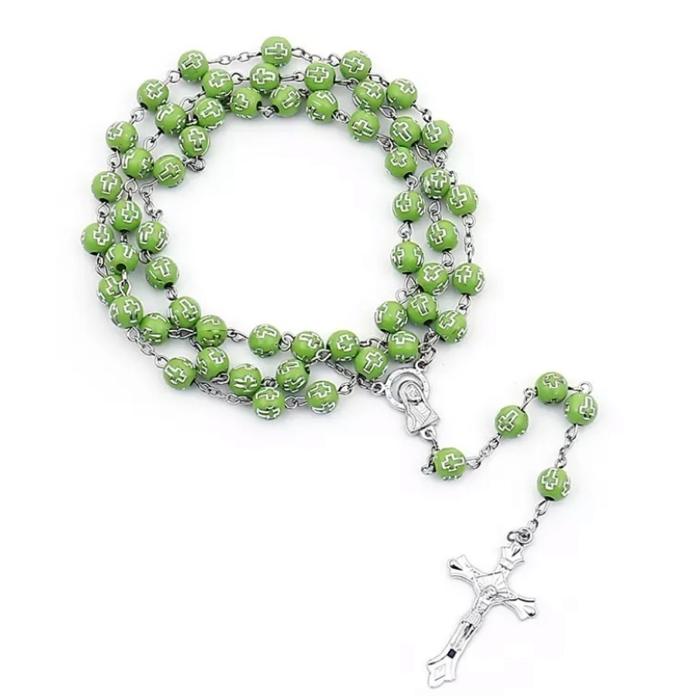 Catholic Green Beaded With silver Crosses Rosary